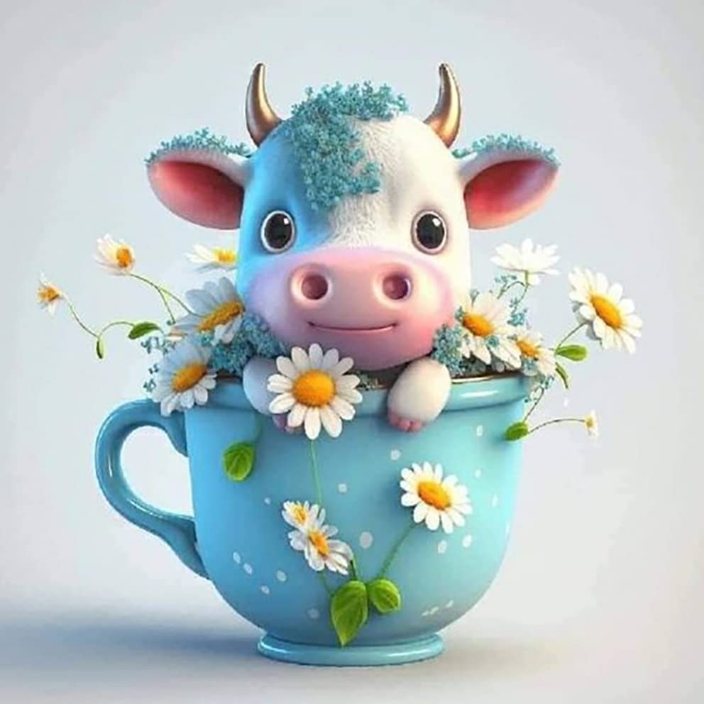 FocartDiamond Painting, Cow in a Cup Diamond Art Kits Adults DIY Drill Round Crystal Rhinestone Gem Art Kits for Beginners Gift Home Wall Decor(12"x12")