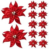 BUVANE 12PCS Christmas Velvet Poinsettia Flowers 8'' Single Layer Christmas Artificial Flowers Ornaments for Xmas Tree Wreaths Garland Holiday Decoration (12, Single Layer)