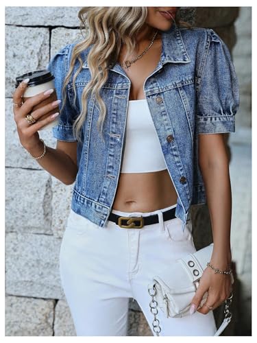 WDIRARA Women's Button Down Puff Short Sleeve Denim Jacket Cropped Jean Jackets3