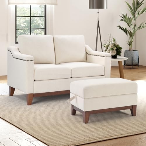 Image of HAOMARKETS 2 Piece Fabric Sofa Set with Nailhead Trim, Included Loveseat 2-Seater Couches with Thicked Cushion and Upholstered Storage Ottoman with Flip-Top Table, Living Room Furniture Set,Beige