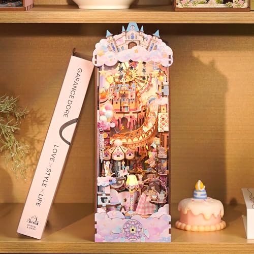 Image of Tonecheer DIY Book Nook Kit for Adults, Booknook Wooden 3D Puzzle Bookend Miniature House Kit, Fantasy Pink Bookshelf Decor with Dust Cover and LED Light for Birthday Gifts (Sweet Dream)