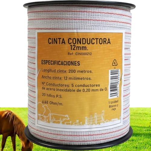 Llampec Hilo Pastor Eléctrico 200 m x 12 mm – Cinta 5 Conductores Acero Inoxidable – Alta Conductividad y Resistencia UV – Cable Valla Eléctrica para Caballos, Vacas y Perros – Bobina Conductora