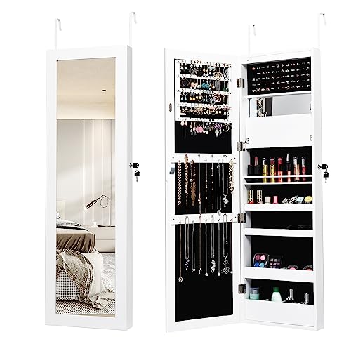 HOMASIS Specchio Portagioie da Parete con 12 Luce LED, Specchio a Figura Intera con Cornice, Armadietto Portagioie con Serratura e Specchio Intero, 120 x 37 x 9 cm, Bianco