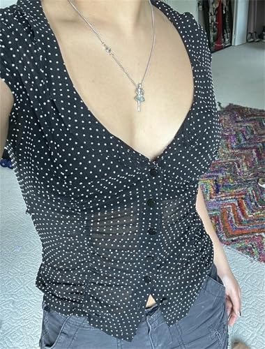 Image of Y2k Girls Vintage Coquette Button Down Shirt Women Short Sleeve V-Neck Slim Fitted T-Shirt Cute Blouse Crop Top
