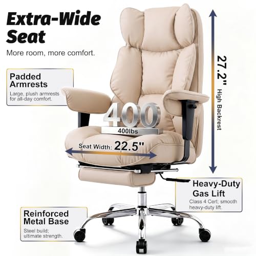 Image of Efomao Executive Office Chair 400lbs,Beige Big and Tall Desk Chair | Mattress-grade pocket spring cushion, sleek leather, 135 recline & footrest for computer gaming setup.