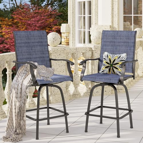 Image of PHI VILLA Outdoor Swivel Bar Stools Set of 6, Bar Height Patio Chairs Furniture with All Weather Textilene Fabric, 30 inch High Top Bar Chairs for Porch, Blue