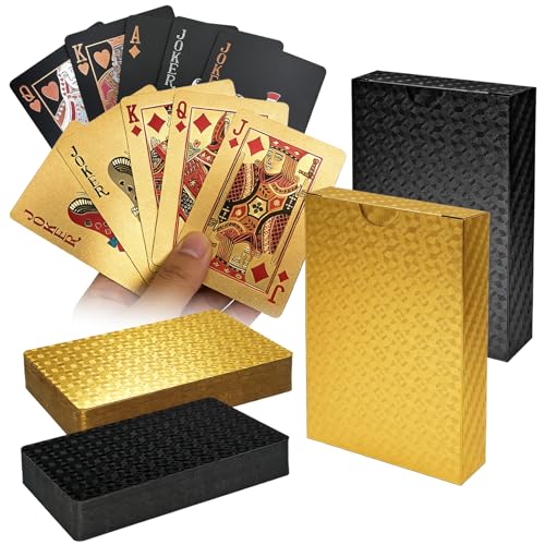 Rongrongago 2 Pièces Cartes en Plastique Imperméable, Carte a Jouer en Diamant, 2 Jeux de 54 Cartes, Jeux de Cartes Poker pour Le Bridge, Blackjack, Tarot et Les Jeu de Carte (Or)