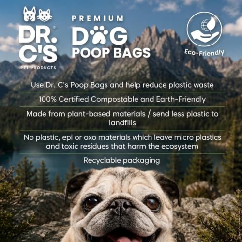 Image of 100% Certified Compostable Dog Poop Bags - Dr. C's Premium Dog Poop Bags - 120 Bags / 8 Rolls, Extra thick, Leak Proof, Unscented, Plant Based, Earth Friendly and USA Owned