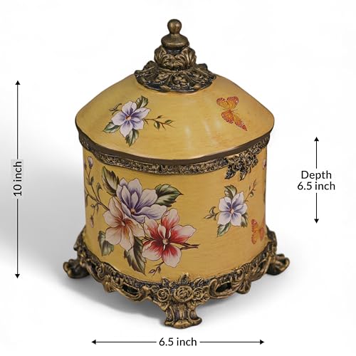 Image of Flower Printed Luxurious Jewellery Jar, Resin Handcrafted Antique Premium Jewelry Storage Box for All Jewelry Necklaces Earring Ring Chain Bangle (Mustard, 6.5X10 Inch)