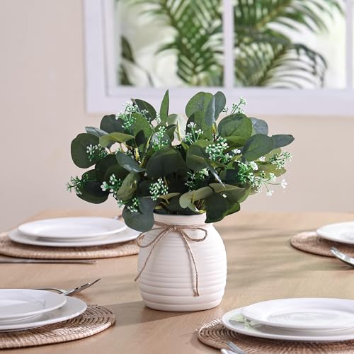 Artificial Eucalyptus in Vase, Fake plants for home decor, Ceramic White Vase with Greenery, Faux Decorative Plants, 20pcs Indoor Fake Eucalyptus Stems for Centerpiece Farmhouse Mantle Decor - Image 6