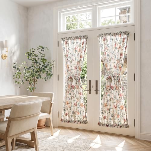 Image of jinchan Hattie Floral French Door Curtain 72 Inch Length Vintage Cottage Core Farmhouse Linen Decor for Glass Door Light Filtering 1 Panel with Tie Up Bow Rod Pocket Beige
