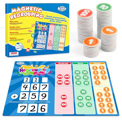 Aizweb Magnetic Regrouping Base Ten Place Value Chart,Addition and Subtraction Math Manipulatives,Dry Erase Board for 1st 2nd 3rd Grade Classroom Must Haves,Hands On Regrouping Math Games for Kids