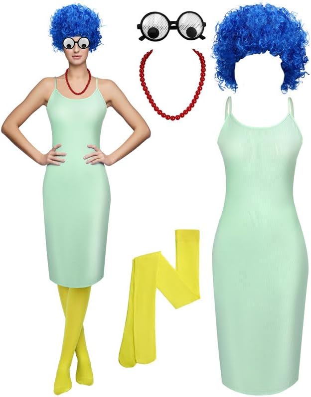 Zoooyawn5 Pcs Cartoon Halloween Costumes Accessories Set Slip Dress Pantyhoses Wig Funny Eyeglasses Necklace Cosplay Party