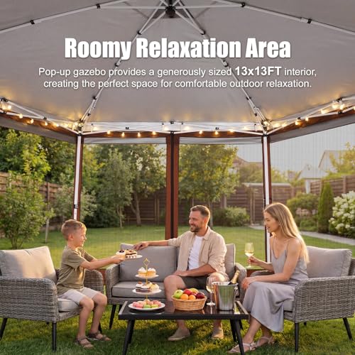 Image of COBIZI 16x16 Pop Up Gazebo Tent with Mosquito Netting, Gazebos on Clearance, Hexagonal Outdoor Canopy Shelter, Patented Center Lock 6-Sided Portable Gazebos, Pop Up Canopy Tent for Backyard, Brown