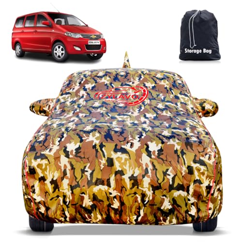 Image of Premium Car Cover for Chevrolet Enjoy Model | Waterproof, UV & Dust Protection | Mirror & Antenna Pocket | Triple Stitched, Soft Inner Lining, Belt & Buckle (Jungle Print)