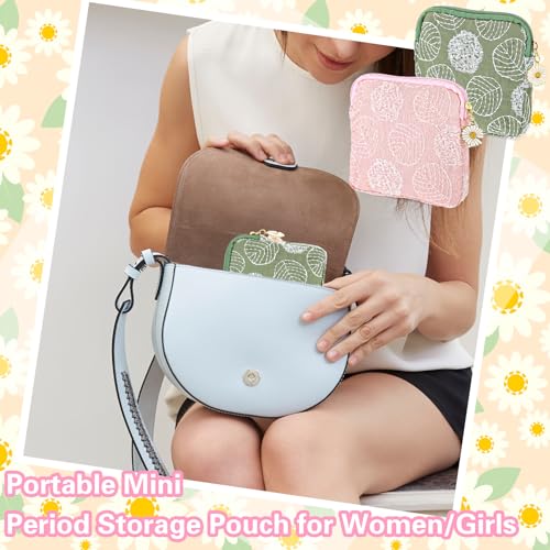 Image of TIESOME 2 Pcs Daisy Embroidery Sanitary Napkin Storage Bags, Menstrual Cup Pouch, Cotton Soft Period Holder, Portable Tampon Holder, Pad Pouch, Period Kit Bag for Women & Teen Girls (Green+Light Pink)