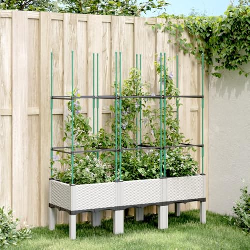 Homgoday Pflanzkübel mit Rankgitter, Pflanzkasten mit Spalier, Blumenkübel mit Gartenspalier, Blumenkasten mit Rankhilfe Rankkasten für Kletterpflanzen Weiß 120x40x142,5 cm PP