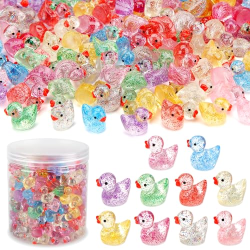 240 Pcs Glitter Mini Resin Ducks, Colorful Tiny Small Plastic Ducks Figures to Hide Little Resin Animals Bulk for Miniature Landscape Aquarium Potted Dollhouse Fairy Garden Accessories Decorations