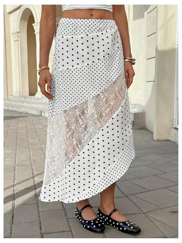 Verdusa Women's Polka Dots Skirt Lace Asymmetrical High Waist Elegant Midi Skirts4