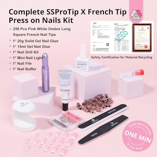 Image of SAVILAND Gel Nail X Kit: 4X Soft Tips with Drill, 256 Ombre Full Cover Nails Tips, Castor Oil Glue, LED Lamp & Portable Drill for Home Manicure