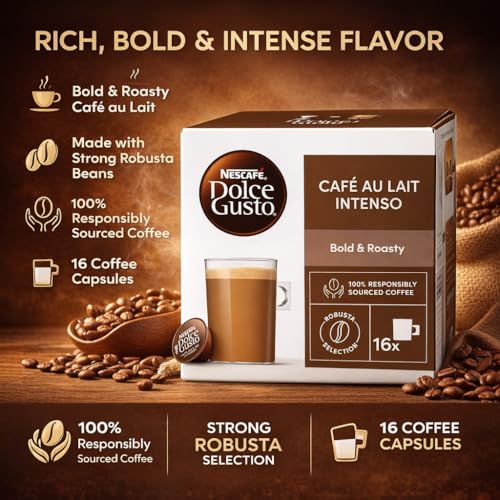 Image of Nescafe Dolce Gusto Cafe Au Lait Intenso Coffee Pods (Pack of 3),160g Box - Bold & Roasty Coffee with Creamy Milk, Premium Coffee Pods Compatible with Dolce Gusto Machines 16 Capsules Each Box, Smooth Cafe Style Beverage - (Imported-UK)
