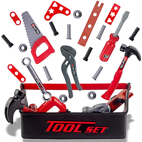 21 Piece Pretend Play Kids Construction Tool Set with a Tool Box Including Toy Construction Tools and Accessories