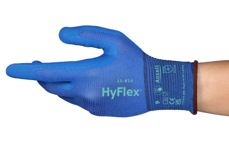 Ansell HyFlex 11-814 Gants de Travail Professionels Résistant à l’Abrasion, Protection Multi-Usage, Mécanique, Manutention, Montage, Gant Lavable, Bleu, Taille M (12 Paires)