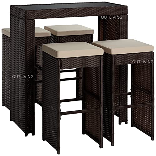 Image of OUTLIVING Rattan Wicker Outdoor Bar Patio Table with 4 Chairs Set for Home Graden Balcony 4 Seater High Bar Patio Furniture Table and Chairs -(Cream Cushion, Brown)