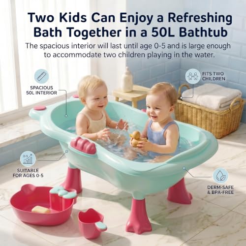 Image of StarAndDaisy Baby Bath Tub for 0 to 5 Years with Bathing Accessories Tray & Mug | Baby Bather for 0 to 2 Years | BPA Free Baby Bath tub for Kids 0-3 Years with 4-Leg Support (Green-Pink, Bathtub with Legs)