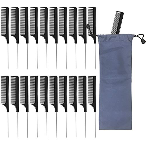 20 Pieces Black Parting Comb for Braids Rat Tail Hair Comb Steel Pin Carbon Fiber Teasing Combs with Stainless Steel Pintail and 1 Pieces Gray Storage Bag