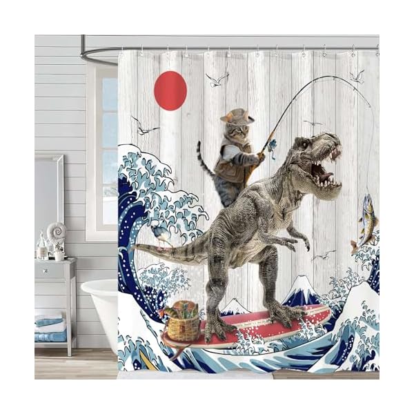Fowocu funny cat dinosaur shower curtain fun kitten fishing japanese ocean wave waterproof fabric shower curtains for bathroom kids rustic wood farmhouse bath curtain decor 7272 gray  urban country home decor