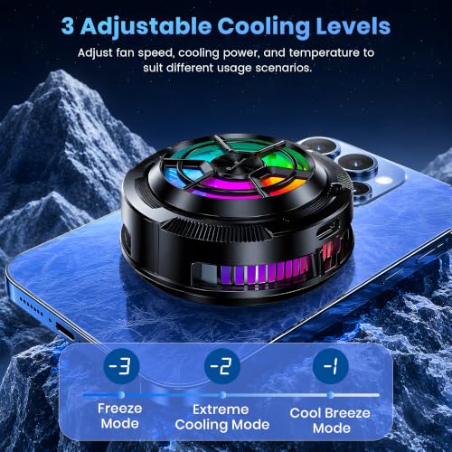 Image of PunnkFunnk Phone Cooler for Gaming, 5000 RPM 7-Blade Fan, RGB Light, Semiconductor Cooling Chip, Type-C Powered, LED Display, Clamp Mount Mobile Cooling Fan for Android & iOS (Black Pro)