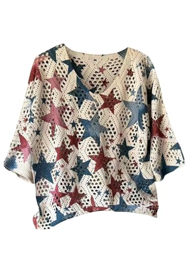 SOLY HUX Women's Star Print Hollow Out Sweater V Neck 3/4 Sleeve Crochet Knit Summer Pullover Tops