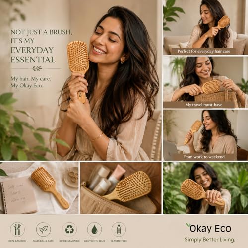 Image of Bamboo Paddle Hair Brush Natural Gentle Detangling EcoFriendly Hair Care Tool