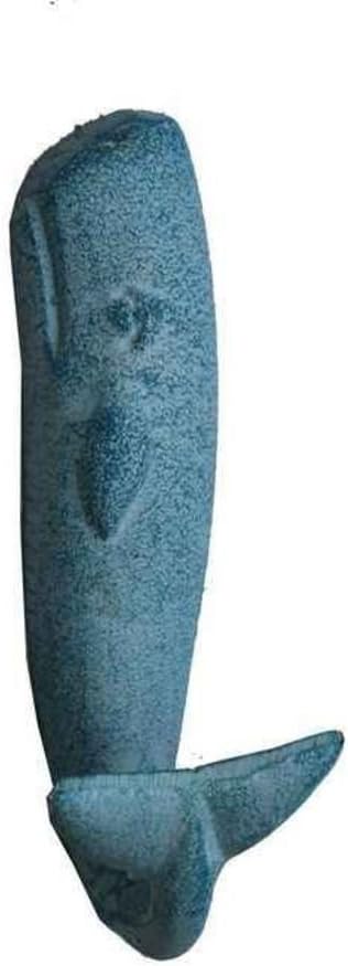 Hampton Nautical Decorative Cast Iron Whale Hook, 6", Light Blue Whitewashed