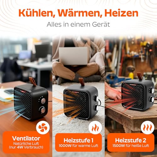 3 in 1 Keramik Elektro Heizlüfter – Elektroheizung klein & leiser Heizungslüfter mit Thermostat (1000/1500 W + 4 W Ventilator), energiesparender elektrischer Heizer/Heizgebläse für Innenräume – Bild 4