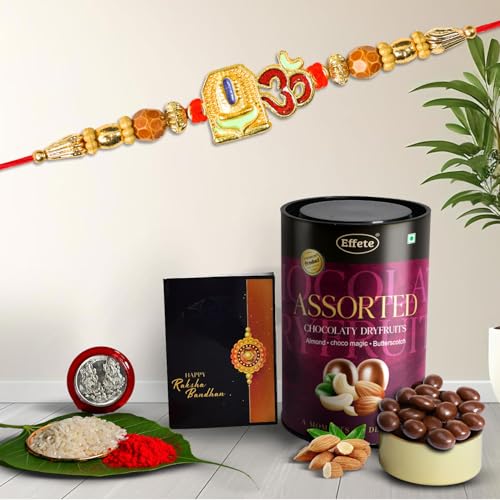 Image of DeoDap Multicolor Idol Ganesh Rakhi Bracelet Roli with Assorted Chocolate Dry Fruits 96gm, Silver Pooja Coin, Tilak Set, Greeting Card - Rakhi Gift for Brother