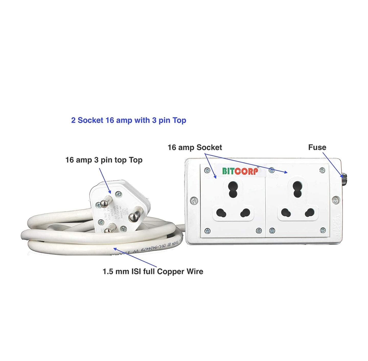 BITCORP 16A Power Extension Board with 2 Socket, 2500W, 4 Meter 1.5mm Electric Cord for Computer, Refrigerator, AC, TV, Home and Office Appliances 1