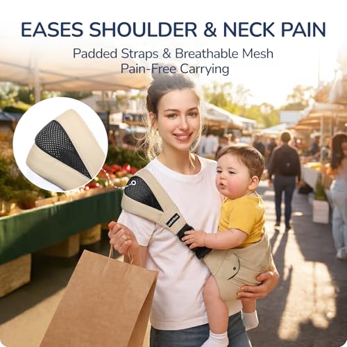 Image of Baby Sling Carrier for Toddlers 4-36 Months (8-35 lbs), Ergonomic Hip Carrier with Wide Shoulder Padding, Adjustable Waist Strap & Storage Pocket, 100% Cotton, Hands-Free & Comfortable,Beige