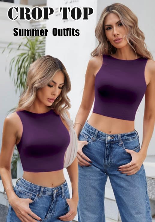 Image of Avidlove Crop Tops for Women Crew Neck Basic Tank Sexy Double Lined Seamless Crop Going Out Summer Tops