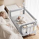 GAIVE 4 in 1 Baby Bassinet, One-Push Setup Pack and Play, Bedside Crib Sleeper with 3 Height Adjustable，Diaper Changer, Come with Comfy Mattress, Rotating Toy Bar, from Infants to Toddlers (Grey)