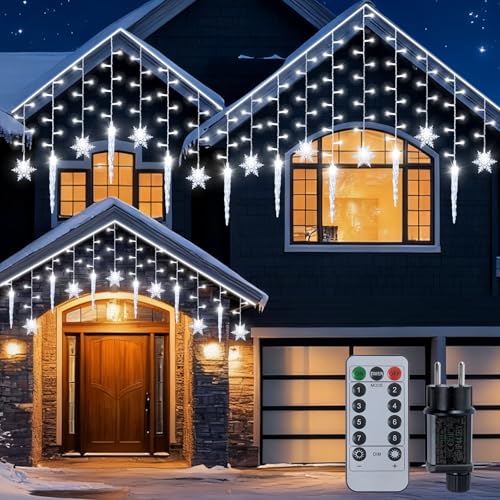 Sunwuun Eisregen Schneeflocken Lichterkette Außen 10m,8 Modi Weihnachtsbeleuchtung für Innen Außen,200 Leds Lichterketten für Weihnachtsdeko Silvester, Fenster Deko IP44 Wasserdicht