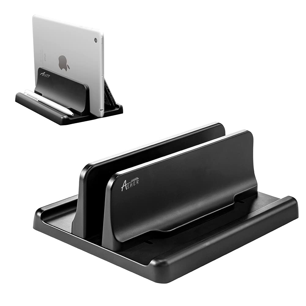 Vertical Laptop Holder, Asher Fashion Vertical Laptop Stand with Adjustable Dock Size, MacBook Stand Made of Premium ABS Plastic, 3 in 1 Design Space-Saving for All Cellphones, MacBooks
