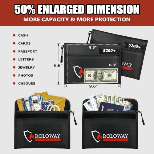 ROLOWAY Feuerfeste Tasche (24, 4 x 16, 8 cm), wärmeisoliert, feuerfeste Geldtasche mit Reißverschluss für Bargeld (2 Stück, schwarz)-4