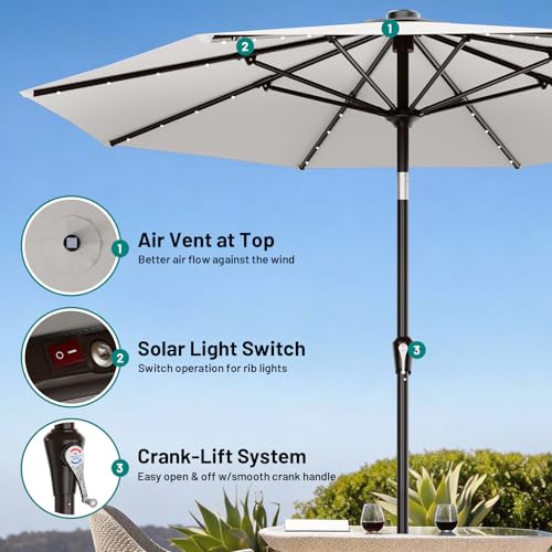 Image of AreShark 9FT Patio Umbrella with Solar Lights, 32 Lighted Pool Umbrella w /Tilt and Crank, Outdoor Market Solar Umbrellas for Garden, Deck, Backyard, Pool and Beach, Light Gray