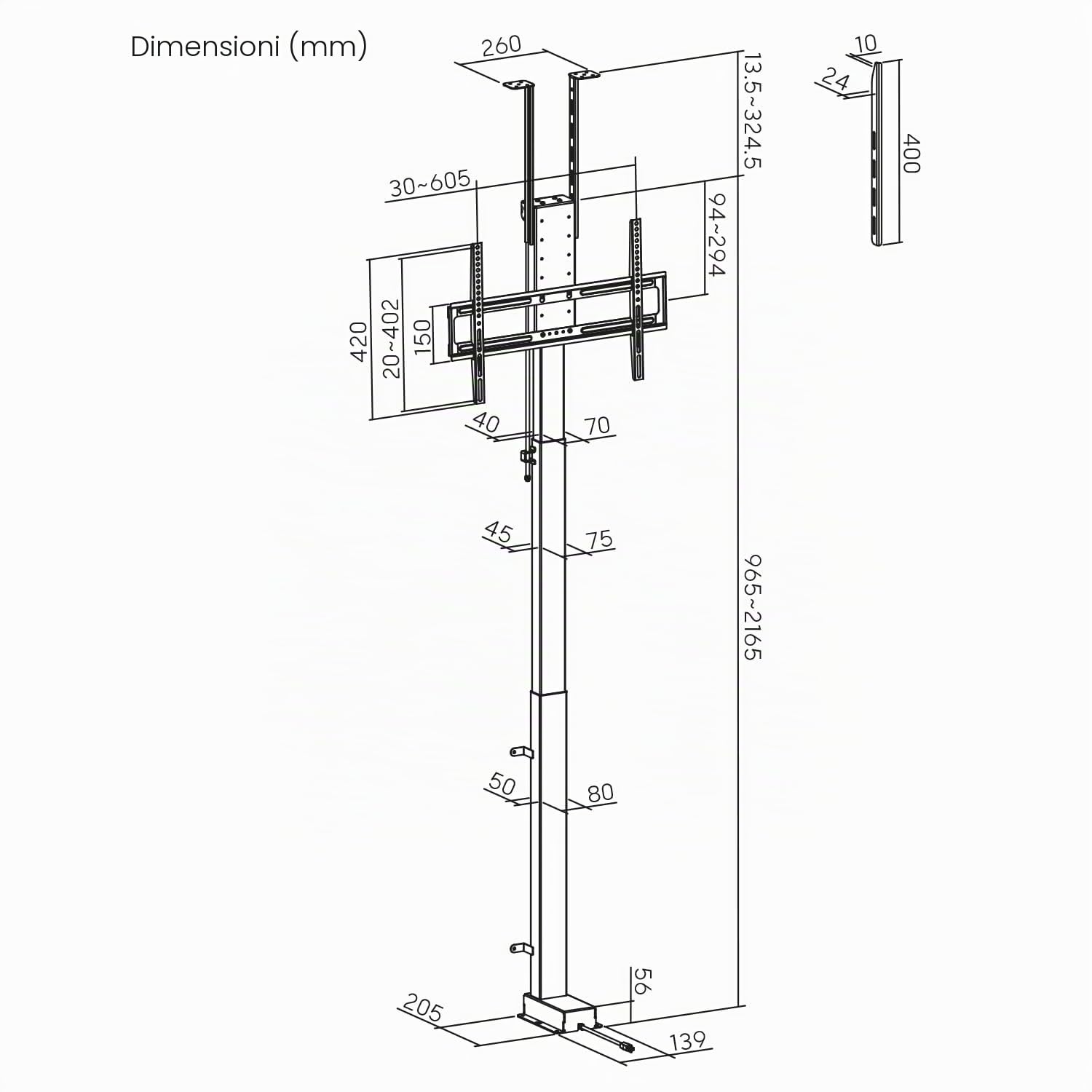 Maclean Supporto TV motorizzato MC-125 per soffitto e pavimento 43-88 pollici 60 kg VESA 600x400 telecomando controllo vocale Alexa Google Home App Tuya sistema anticollisione design elegante in