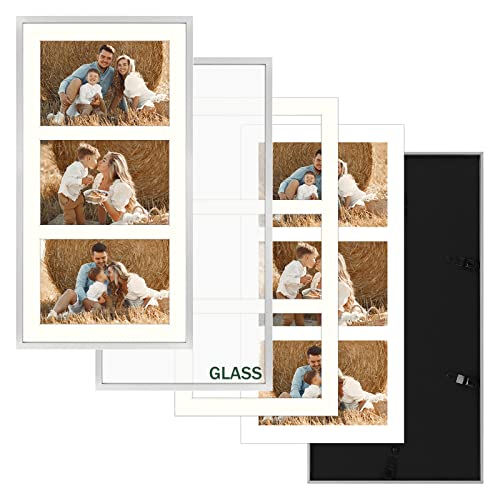 Frametory, 8.5X16.3 Picture Frame - For Three 5X7 Photos, Aluminum Metal Molding - Three Opening Ivory Mat - Wall Display - Great For Wedding, Graduation, Engagement Photographs (Silver) #TOP4