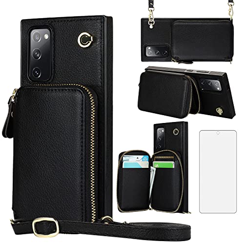 Asuwish Phone Case for Samsung Galaxy S20 FE 5G 6.5 inch Wallet Cover with Screen Protector and Zipper Card Holder Slot Stand Leather S 20 EF UW S20FE5G S20FE 20S S2O Fan Edition Women Men Black