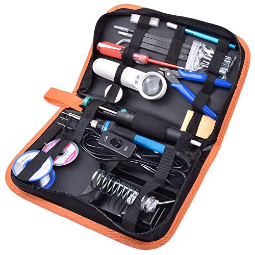Soldering Iron Kit Electronics, 21-in-1, 60W Adjustable Temperature Soldering Iron, 5pcs Soldering Iron Tips, Soldering Iron Stand, Desoldering Pump, Magnifier, Solder Wire, Tweezer, PU Carry Bag