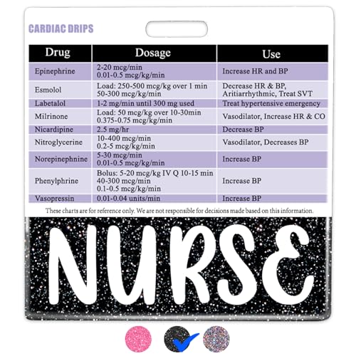 Plifal Cardiac Drips Reference Card with Nurse Badge Buddy - Horizontal Black ACLS Pocket Guide Chart Clinical Quick Cheat Sheet Work Accessorie